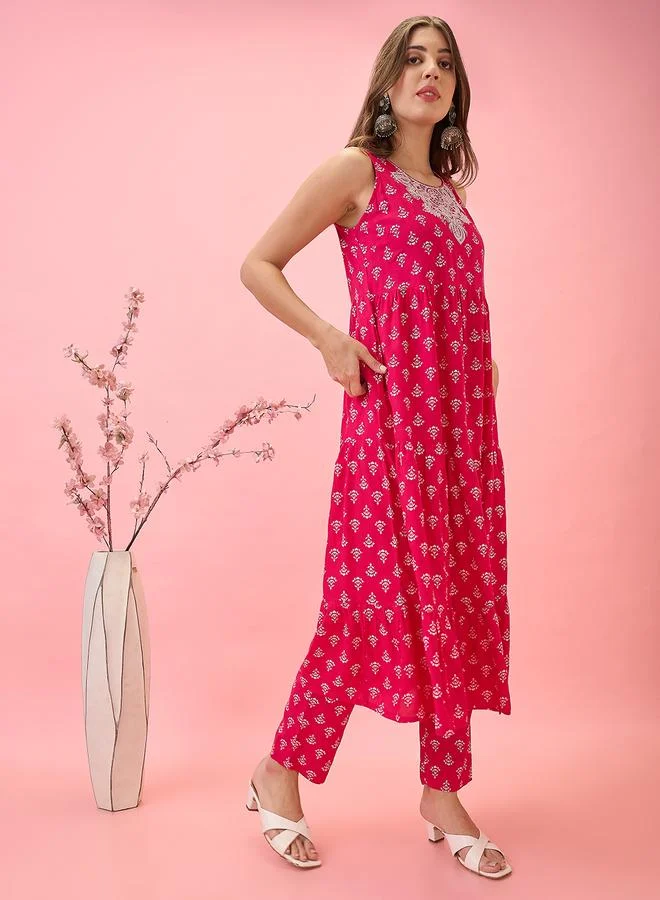 globus Women Pink Embroidered Floral Print Tiered Kurta and Pants Set